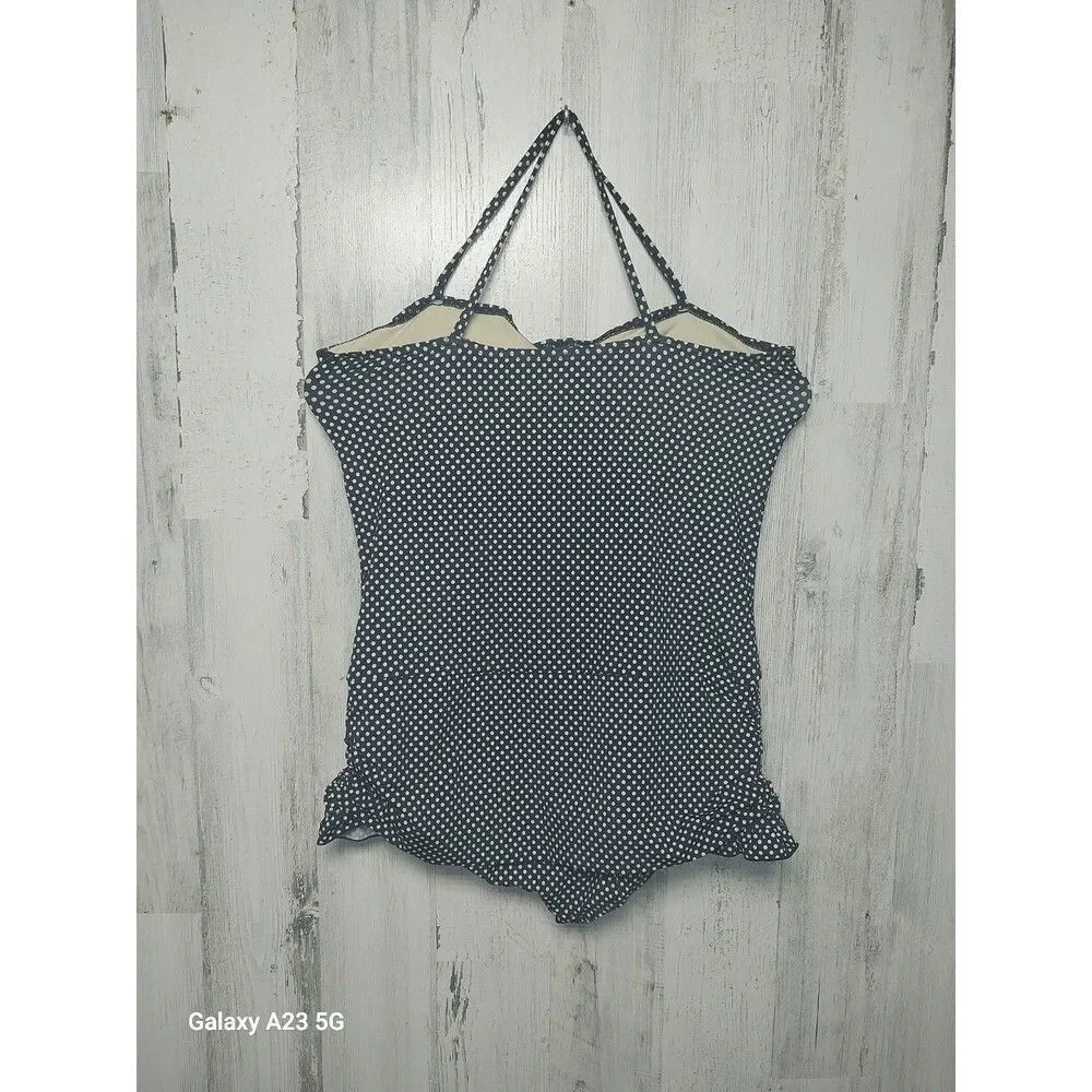 Lands End Kids One Piece Polka Dot Navy Swimsuit Size 16